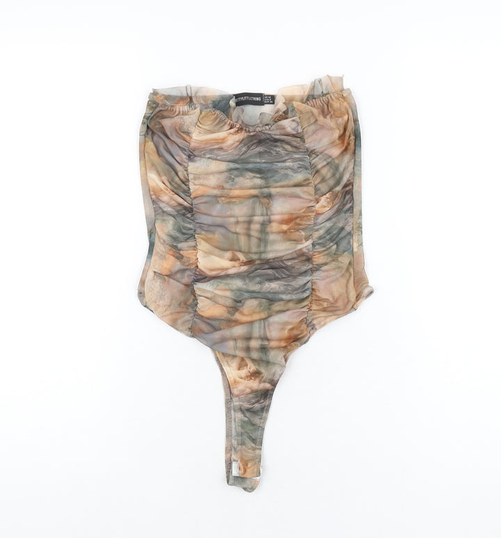 PRETTYLITTLETHING Womens Multicoloured Geometric Polyester Bodysuit One-Piece Size 10 Snap