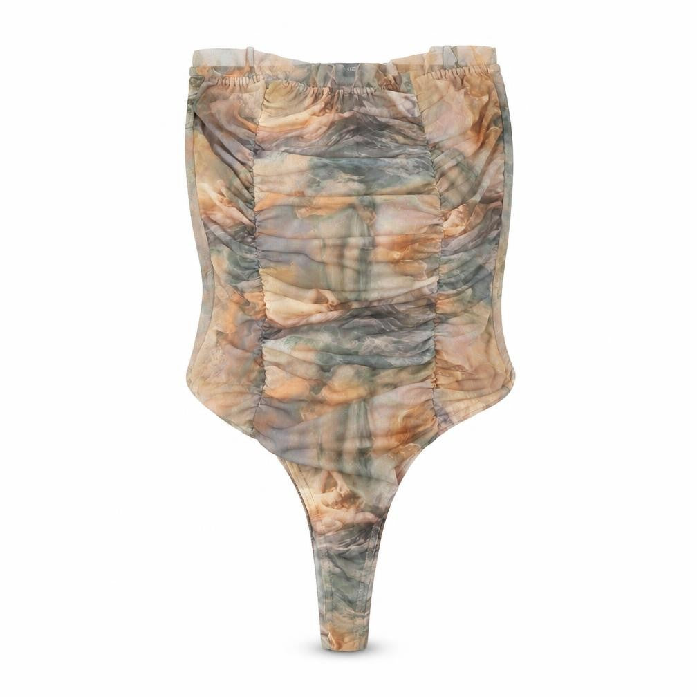 Front view of PRETTYLITTLETHING women’s multicoloured geometric polyester bodysuit one-piece, size UK 10, snap