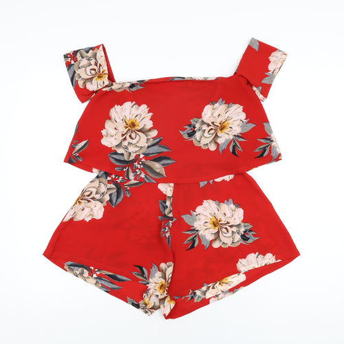 Missguided Womens Red Floral Polyester Playsuit One-Piece Size 6 L3 in Zip
