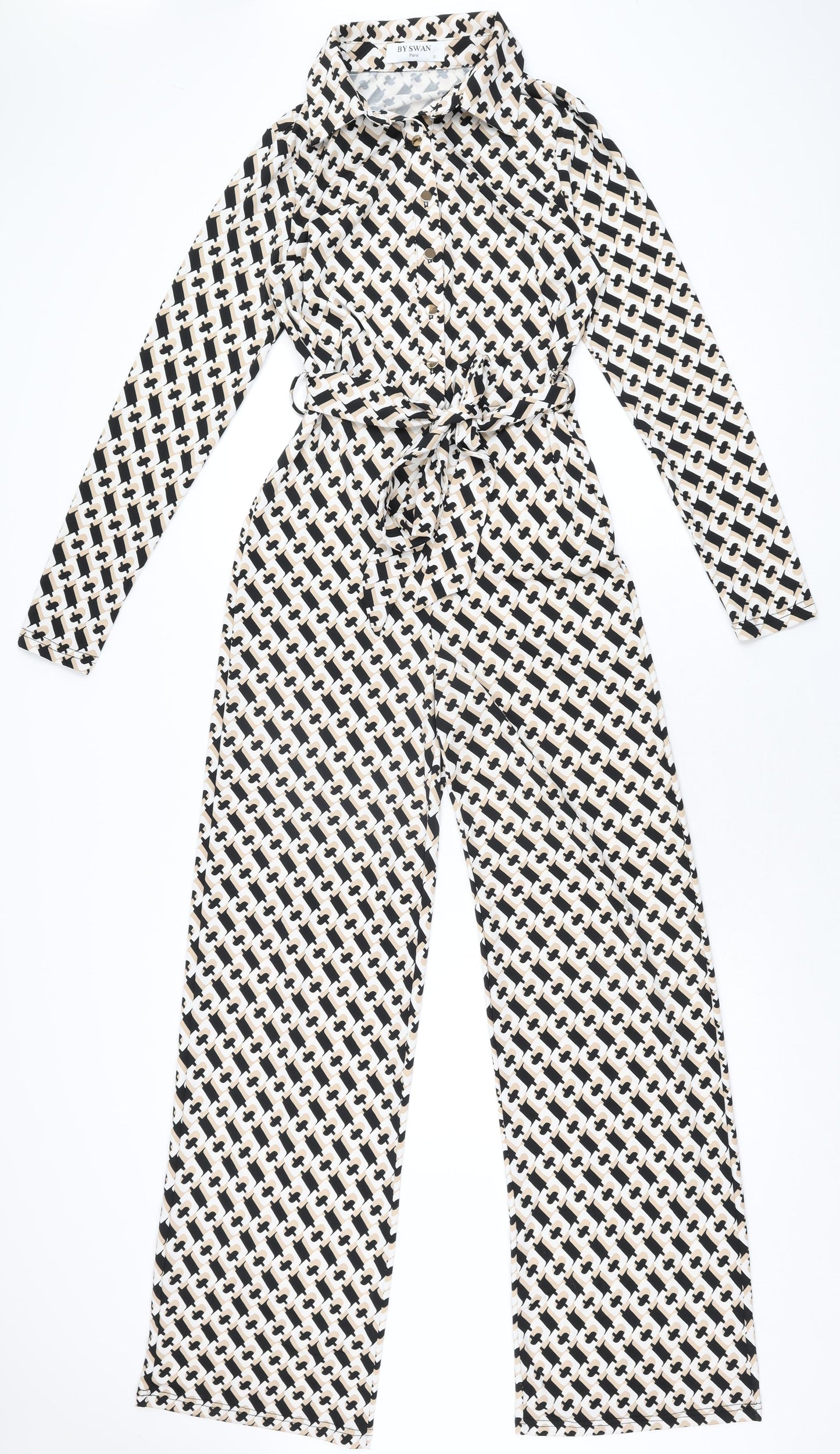 By Swan Womens Beige Geometric Polyester Jumpsuit One-Piece Size S L32 in Button
