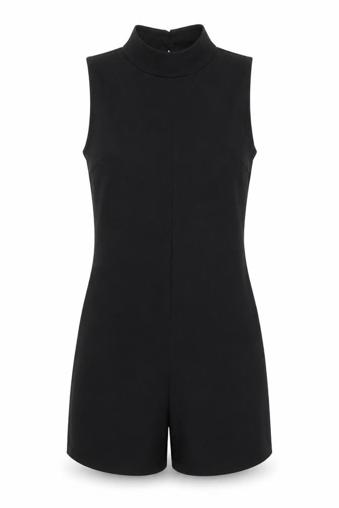 Front view of Topshop women’s black viscose playsuit one-piece, size UK 8, button