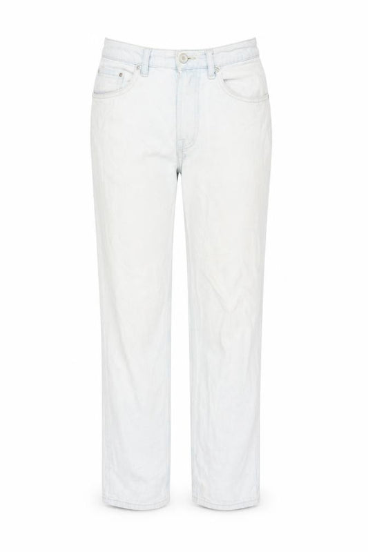 Front view of Zara women’s blue cotton straight jeans, size UK 30, in, 29-inch leg regular zip - pockets