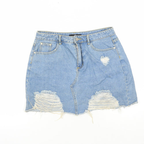 Missguided Womens Blue Cotton Mini Skirt Size 10 Zip - Distressed Look