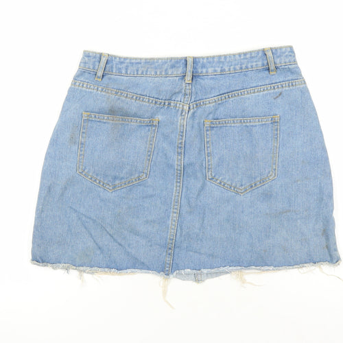 Missguided Womens Blue Cotton Mini Skirt Size 10 Zip - Distressed Look