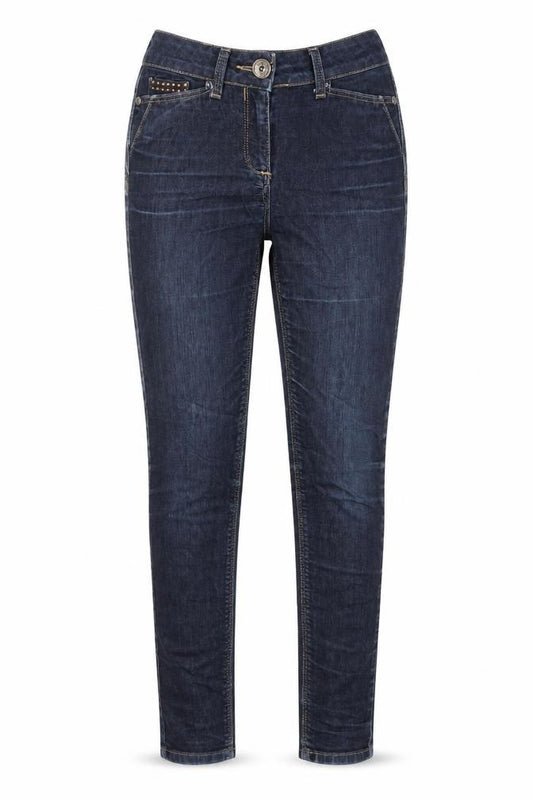 Front view of River Island women’s blue cotton straight jeans, size UK 8, 27-inch leg regular zip - studded detail on pocket