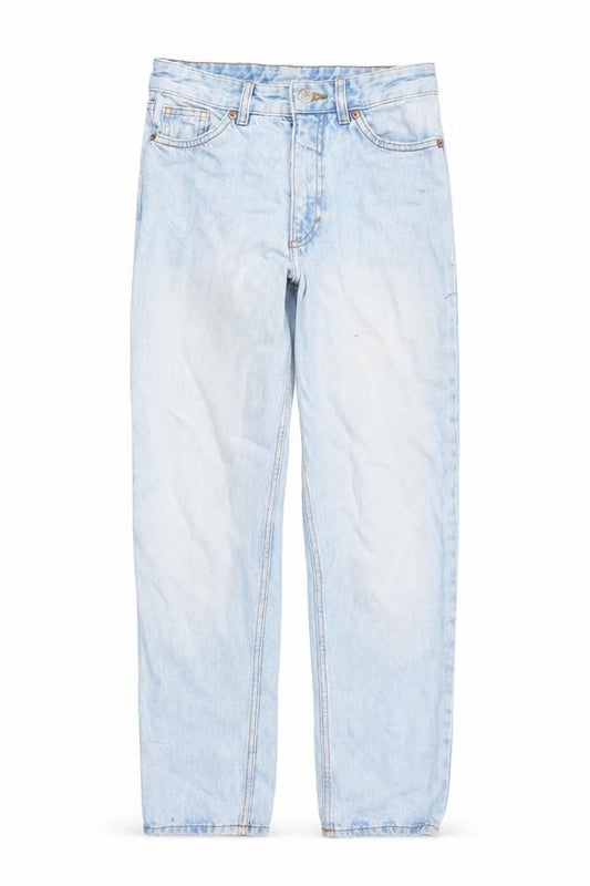 Front view of Monki women’s blue polyester tapered jeans, size UK 26, in, 27-inch leg regular zip - high waisted pockets