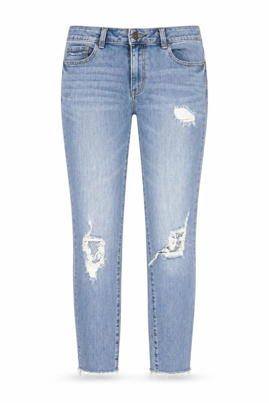 Front view of Next women’s blue cotton skinny jeans, size UK 10, 28-inch leg regular zip - raw hems pockets