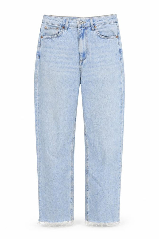 Front view of Topshop women’s blue cotton straight jeans, size UK 30, in, 27-inch leg regular zip - pockets raw hems