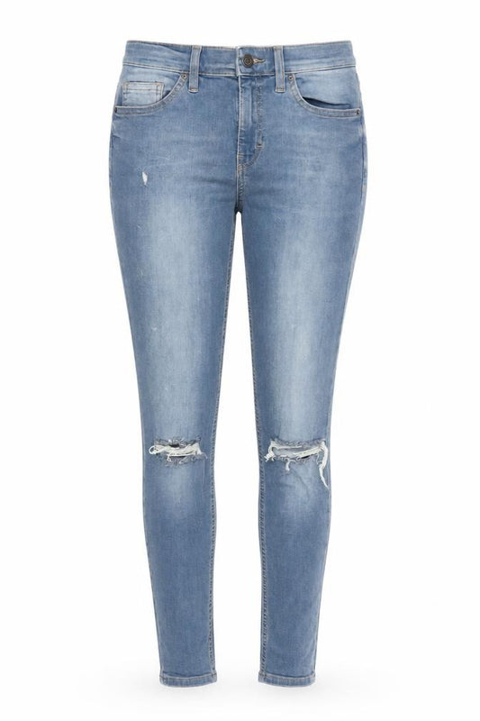 Front view of Topshop women’s blue cotton skinny jeans, size UK 26, in, 27-inch leg regular zip - pockets