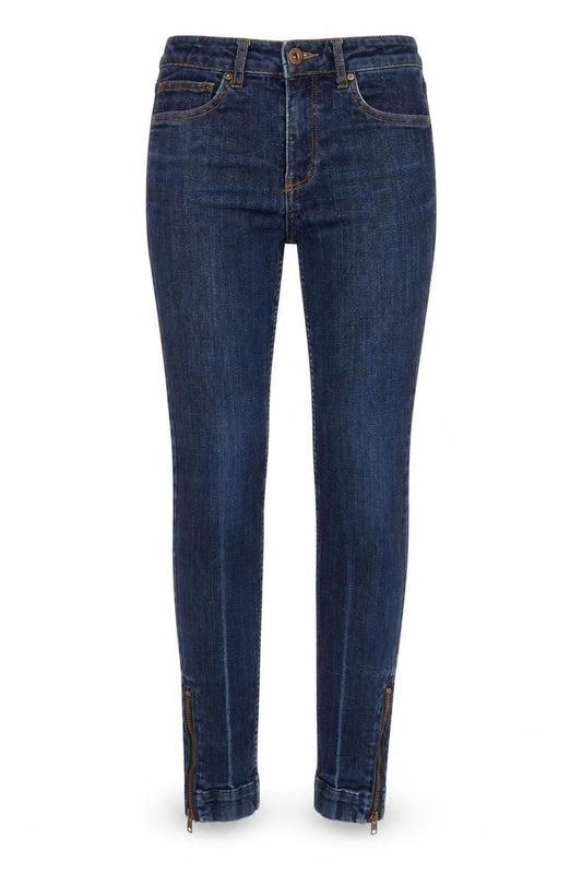 Front view of H&M women’s blue cotton skinny jeans, size UK 26, in, 27-inch leg regular zip - zip detail on ankle