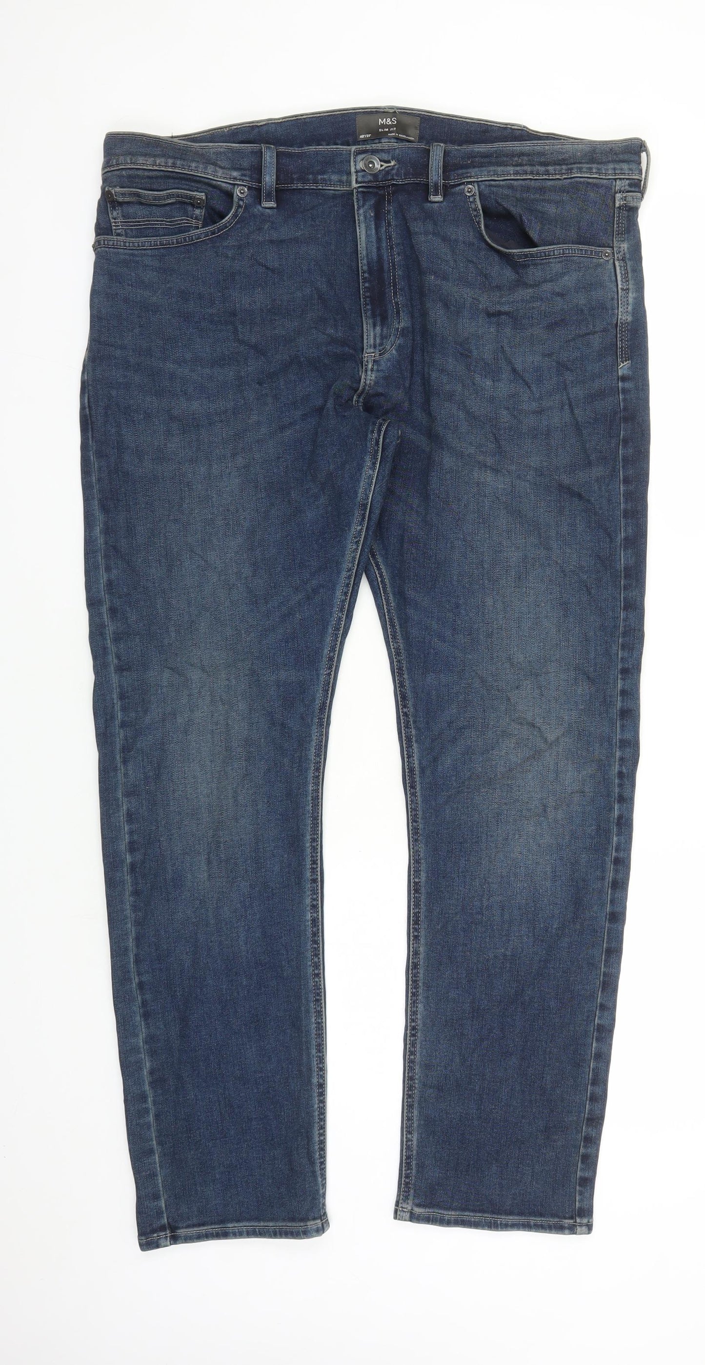Marks and Spencer Mens Blue Polyester Straight Jeans Size 40 in L31 in Slim Zip - Pockets