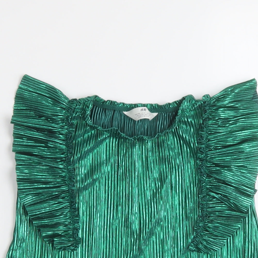 H&M Girls Green Polyester Basic T-Shirt Size 3-4 Years Round Neck Pullover