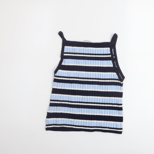 H&M Girls Blue Striped Viscose Basic T-Shirt Size 12-13 Years Square Neck Pullover