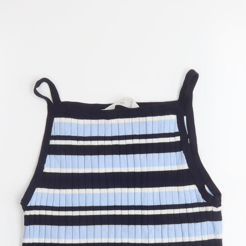H&M Girls Blue Striped Viscose Basic T-Shirt Size 12-13 Years Square Neck Pullover