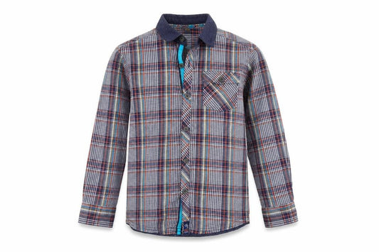 Front view of Debenhams boys’ multicoloured plaid cotton basic button-up, size 7, years collared drawstring