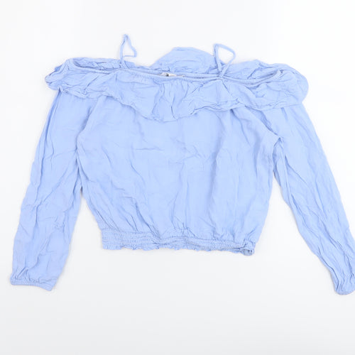 H&M Girls Blue Viscose Basic Blouse Size 11-12 Years Square Neck Pullover