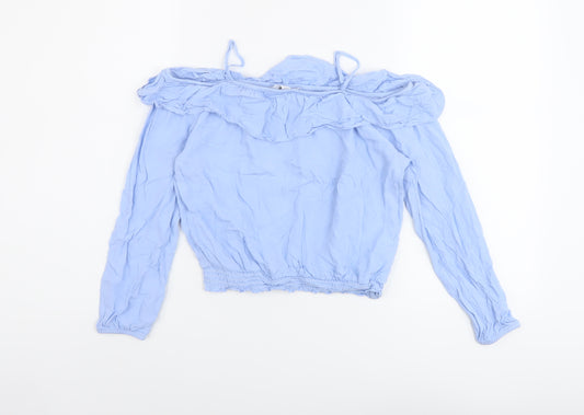 H&M Girls Blue Viscose Basic Blouse Size 11-12 Years Square Neck Pullover