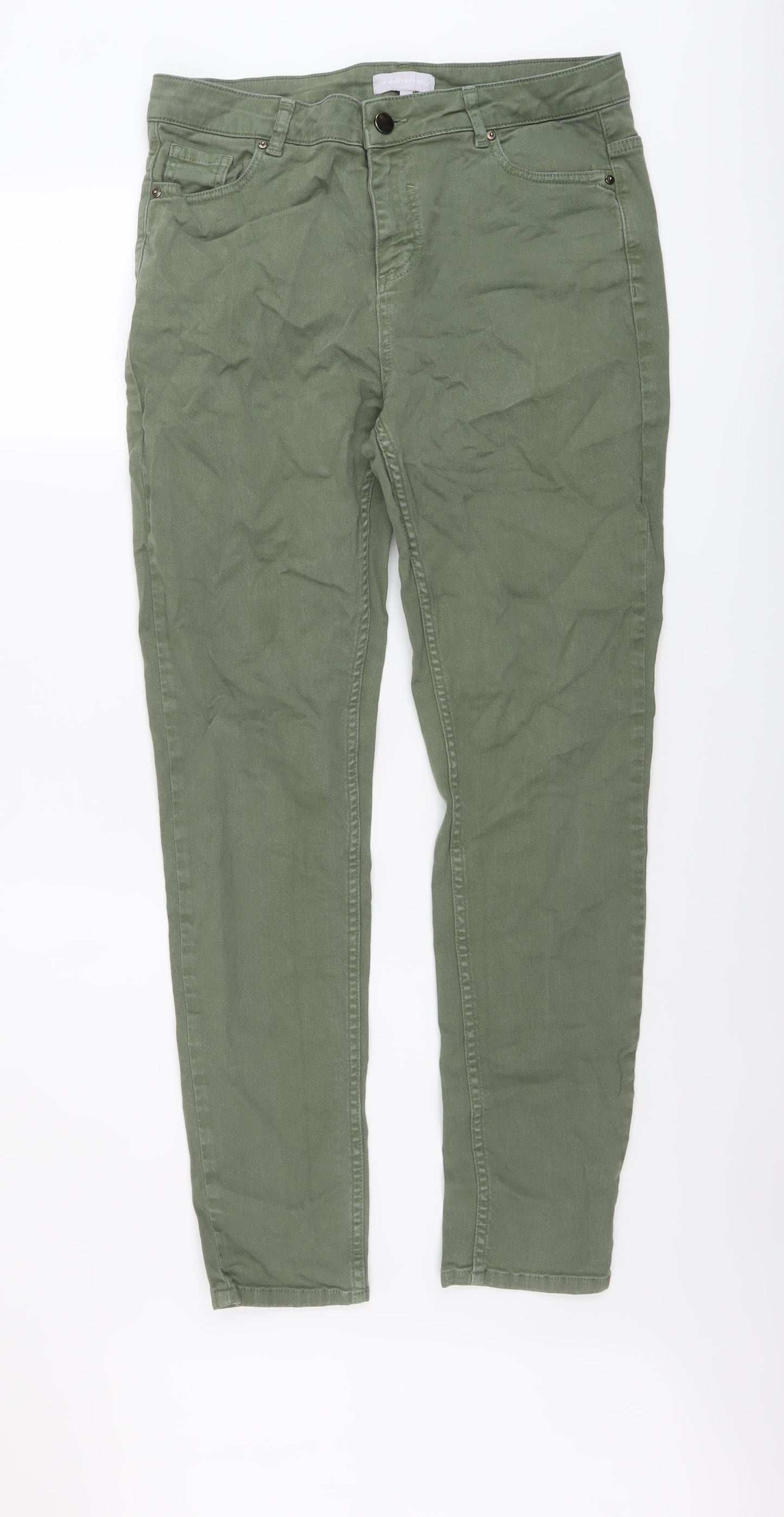 Red Herring Womens Green Cotton Skinny Jeans Size 14 L29 in Regular Button