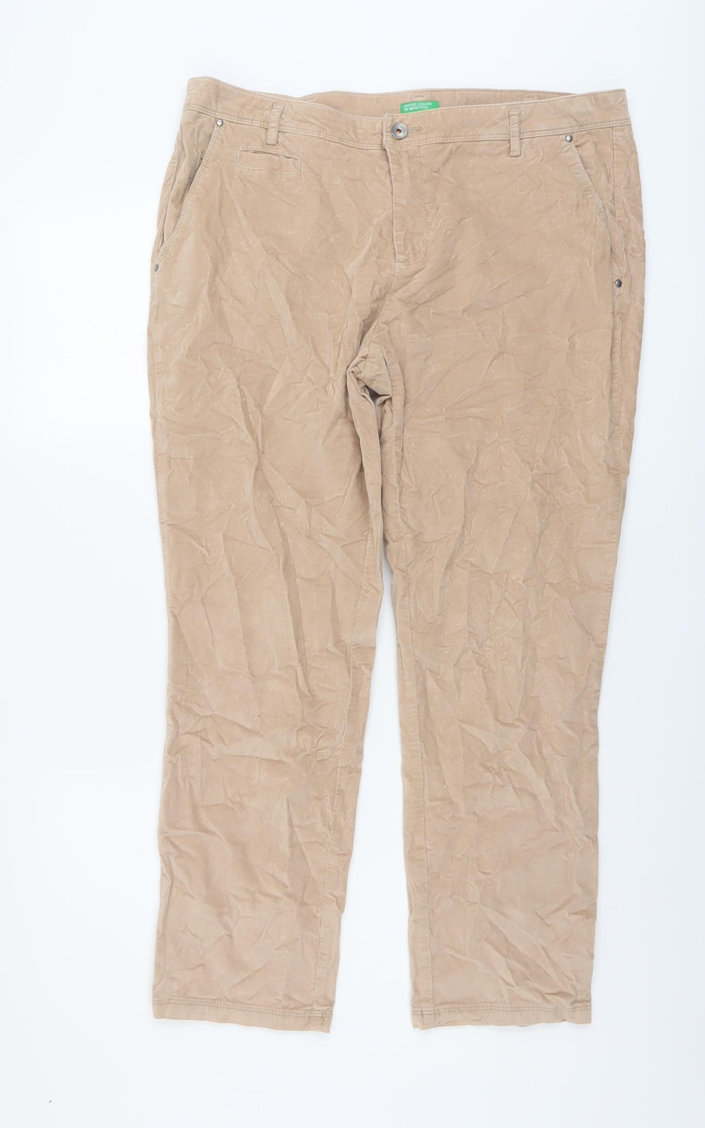 United Colors of Benetton Womens Beige Cotton Trousers Size 16 L27 in Regular Button