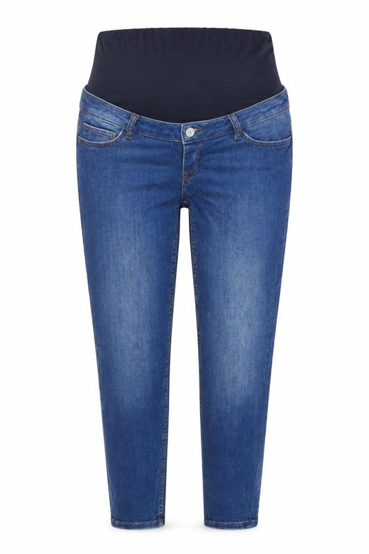 Front view of Zara women’s blue cotton skinny jeans, size L, 26-inch leg regular button