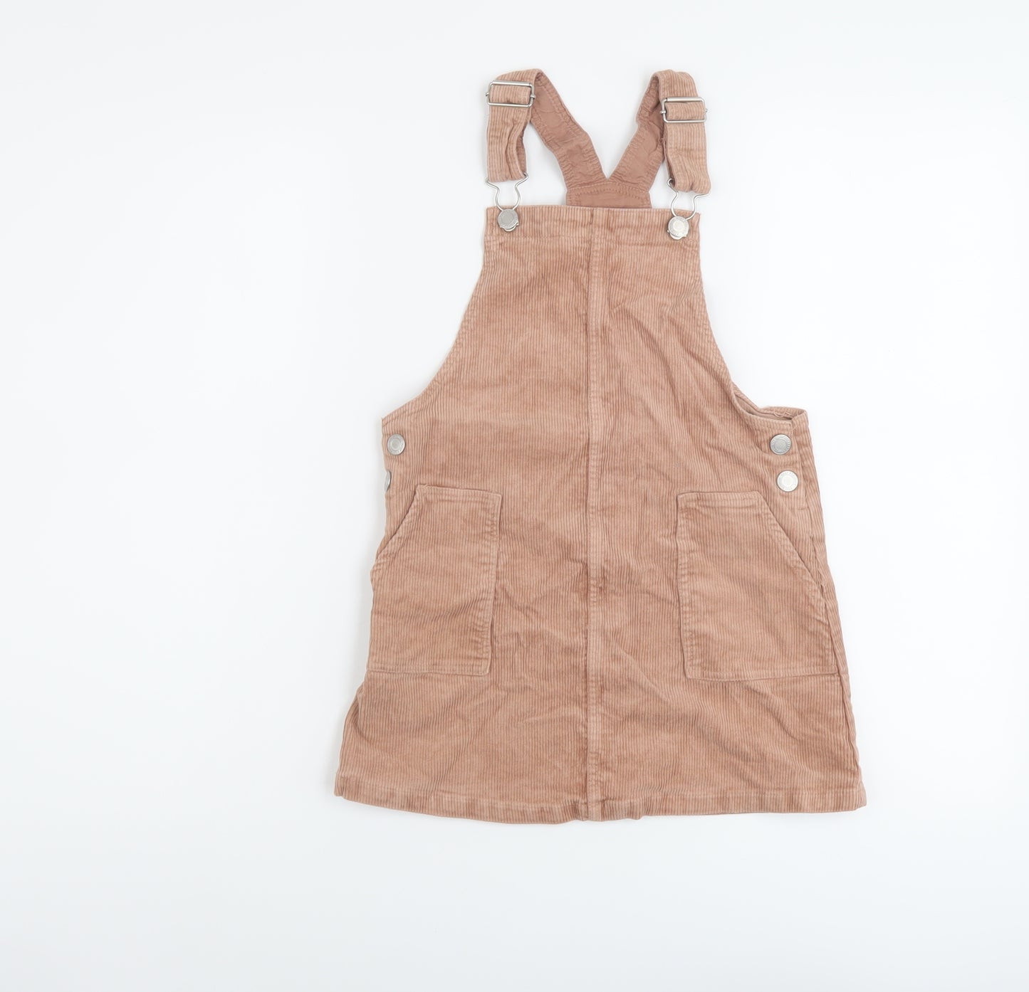 H&M Girls Beige Cotton Pinafore/Dungaree Dress Size 6-7 Years Square Neck Buckle