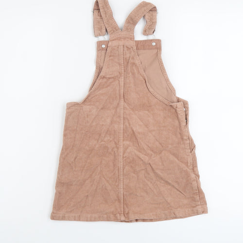 H&M Girls Beige Cotton Pinafore/Dungaree Dress Size 6-7 Years Square Neck Buckle