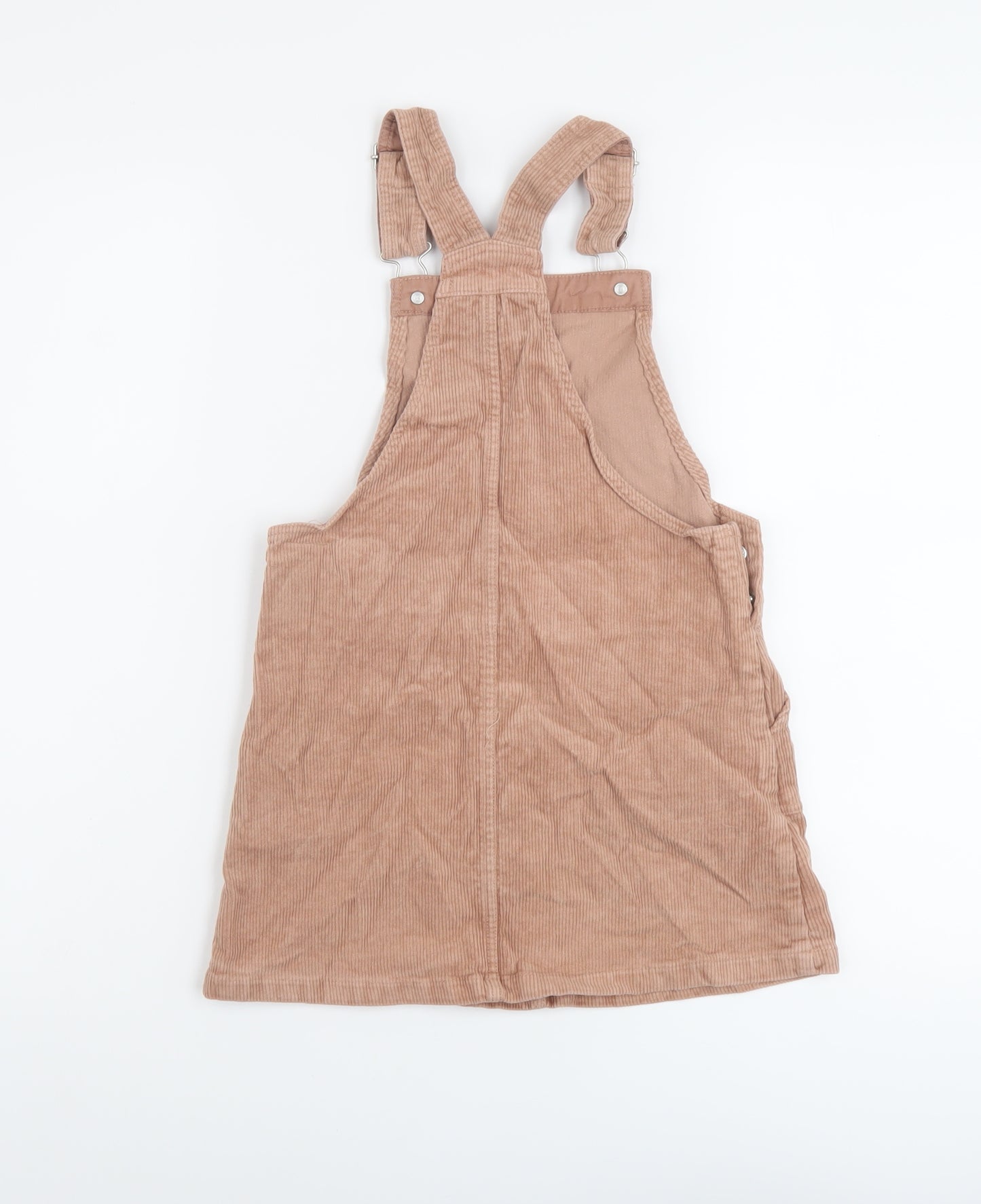 H&M Girls Beige Cotton Pinafore/Dungaree Dress Size 6-7 Years Square Neck Buckle