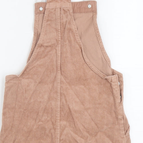 H&M Girls Beige Cotton Pinafore/Dungaree Dress Size 6-7 Years Square Neck Buckle
