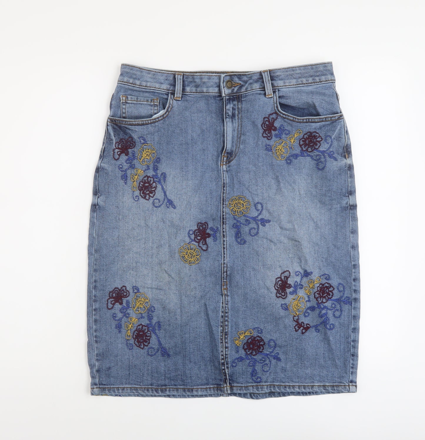 TU Womens Blue Geometric Cotton A-Line Skirt Size 12 Button