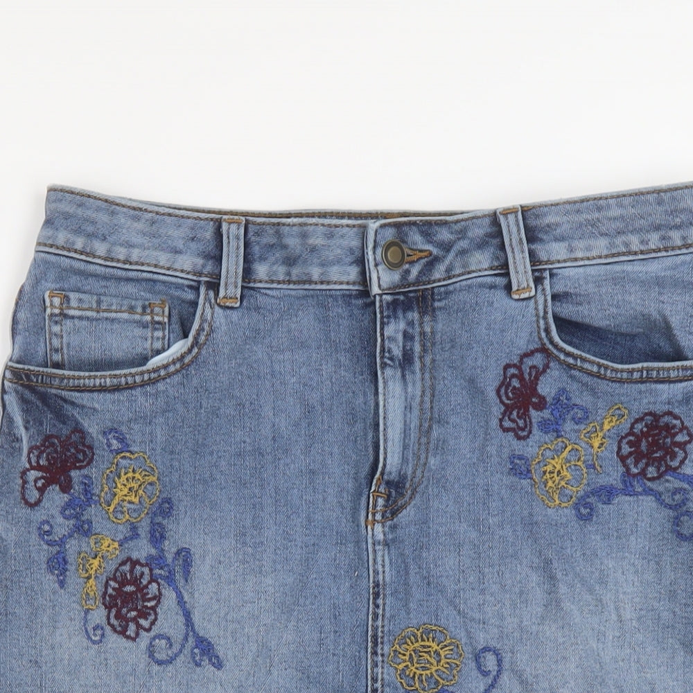 TU Womens Blue Geometric Cotton A-Line Skirt Size 12 Button