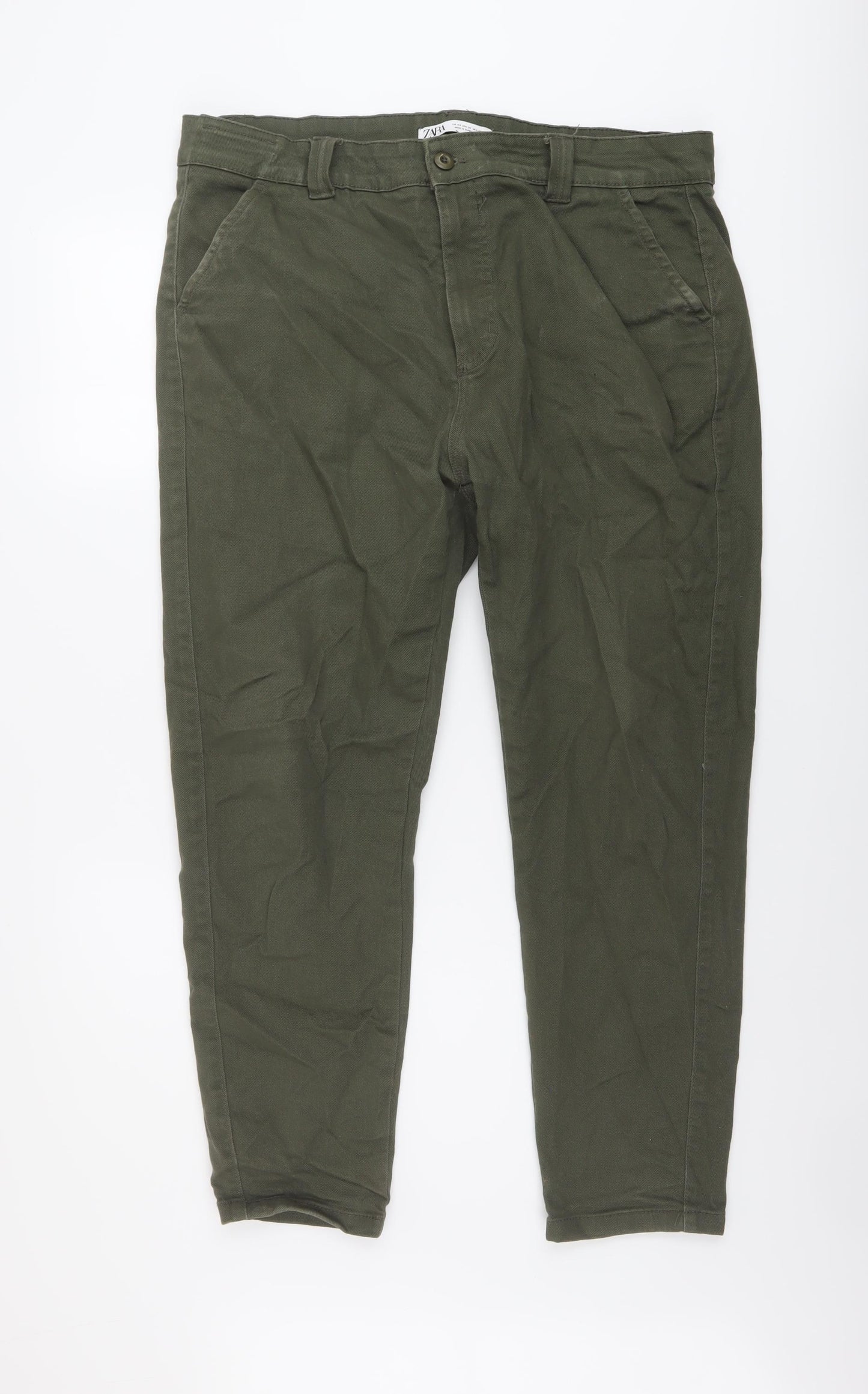 Zara Mens Green Cotton Straight Jeans Size 36 in L27 in Regular Button