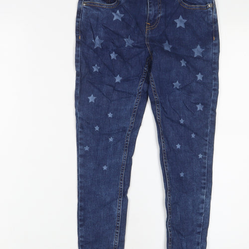 Marks and Spencer Girls Blue Geometric Cotton Skinny Jeans Size 8-9 Years L23 in Regular Zip - Star Pattern