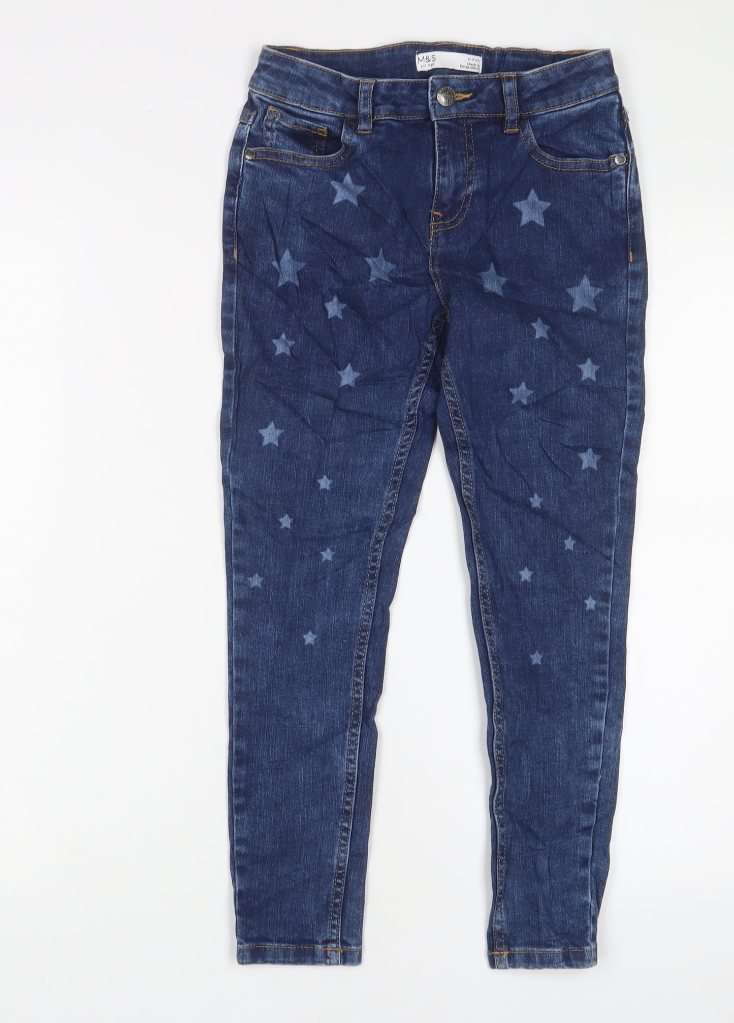 Marks and Spencer Girls Blue Geometric Cotton Skinny Jeans Size 8-9 Years L23 in Regular Zip - Star Pattern