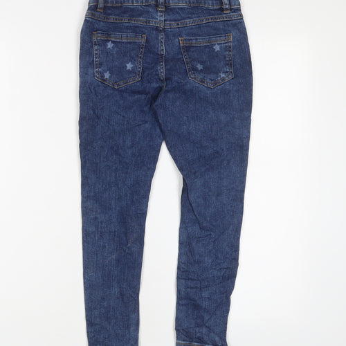 Marks and Spencer Girls Blue Geometric Cotton Skinny Jeans Size 8-9 Years L23 in Regular Zip - Star Pattern