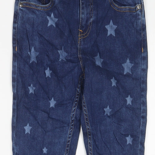 Marks and Spencer Girls Blue Geometric Cotton Skinny Jeans Size 8-9 Years L23 in Regular Zip - Star Pattern