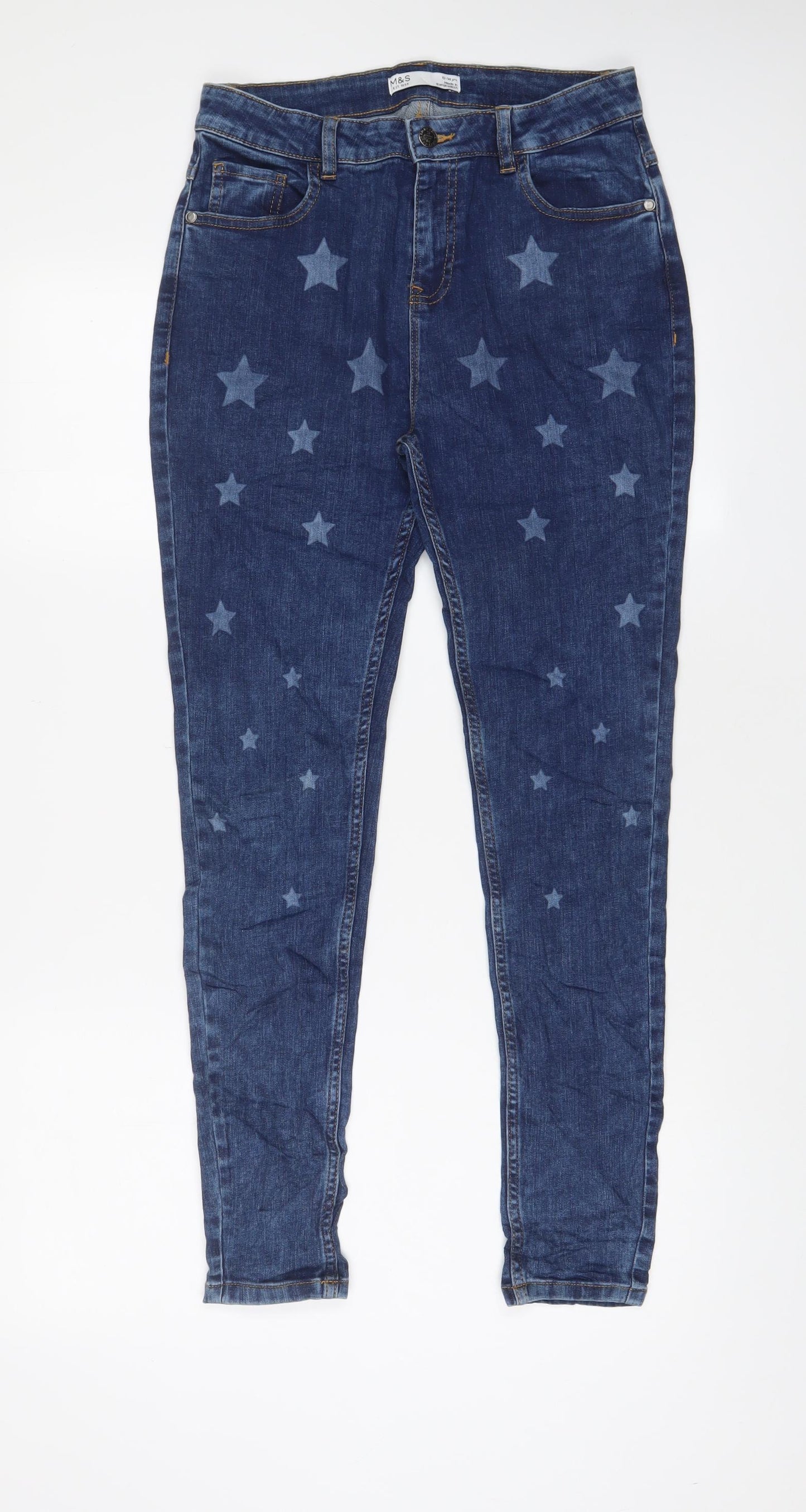 Marks and Spencer Girls Blue Geometric Cotton Skinny Jeans Size 13-14 Years L28 in Regular Zip - Star Pattern