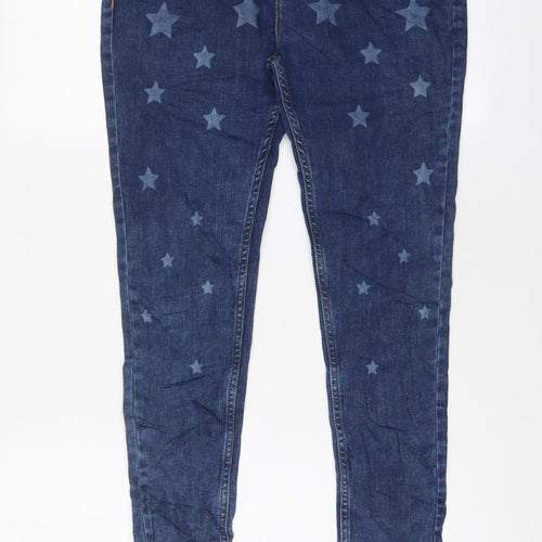 Marks and Spencer Girls Blue Geometric Cotton Skinny Jeans Size 11-12 Years L27 in Regular Zip - Star Pattern
