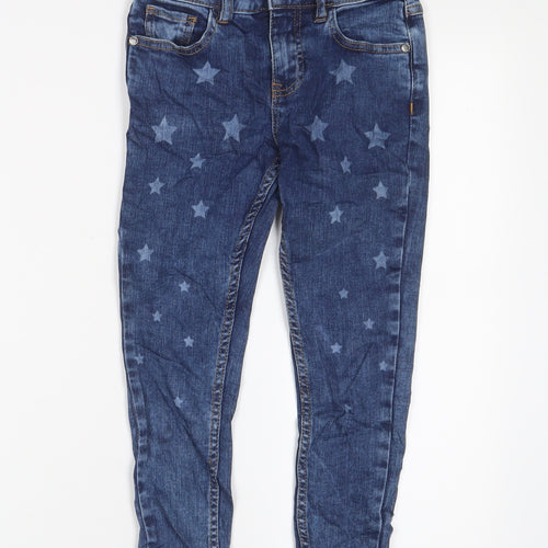 Marks and Spencer Girls Blue Geometric Cotton Skinny Jeans Size 6-7 Years Regular Zip - Star Pattern