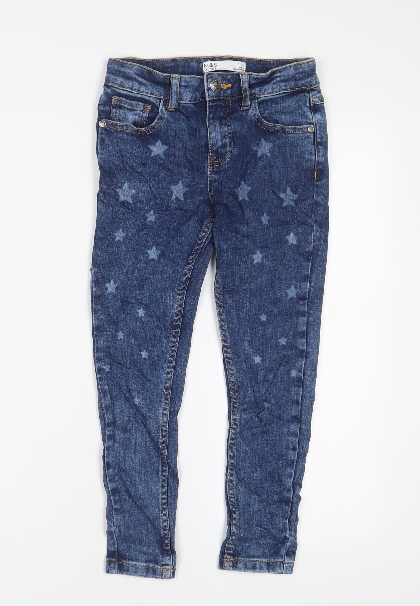 Marks and Spencer Girls Blue Geometric Cotton Skinny Jeans Size 6-7 Years Regular Zip - Star Pattern