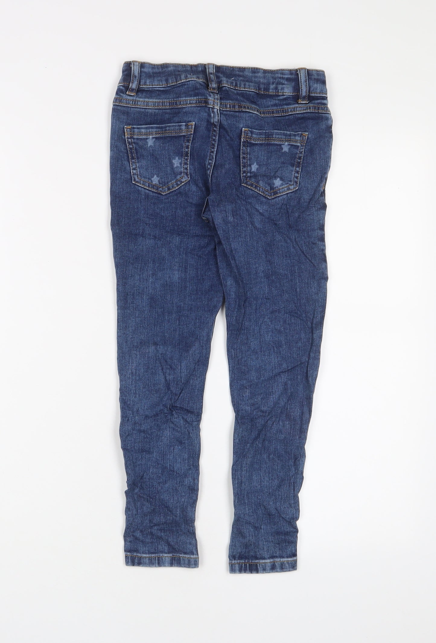 Marks and Spencer Girls Blue Geometric Cotton Skinny Jeans Size 6-7 Years Regular Zip - Star Pattern