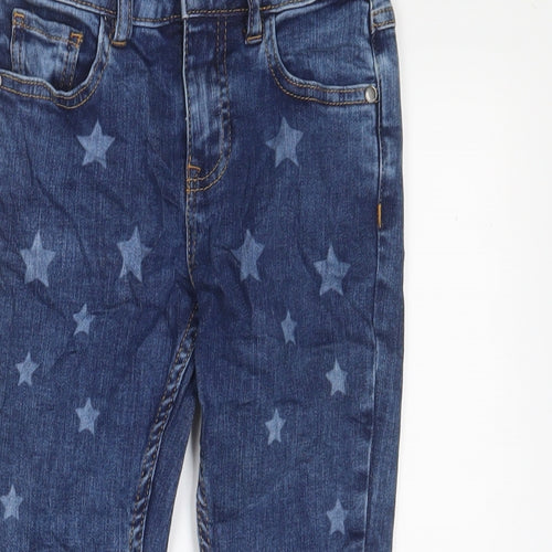 Marks and Spencer Girls Blue Geometric Cotton Skinny Jeans Size 6-7 Years Regular Zip - Star Pattern