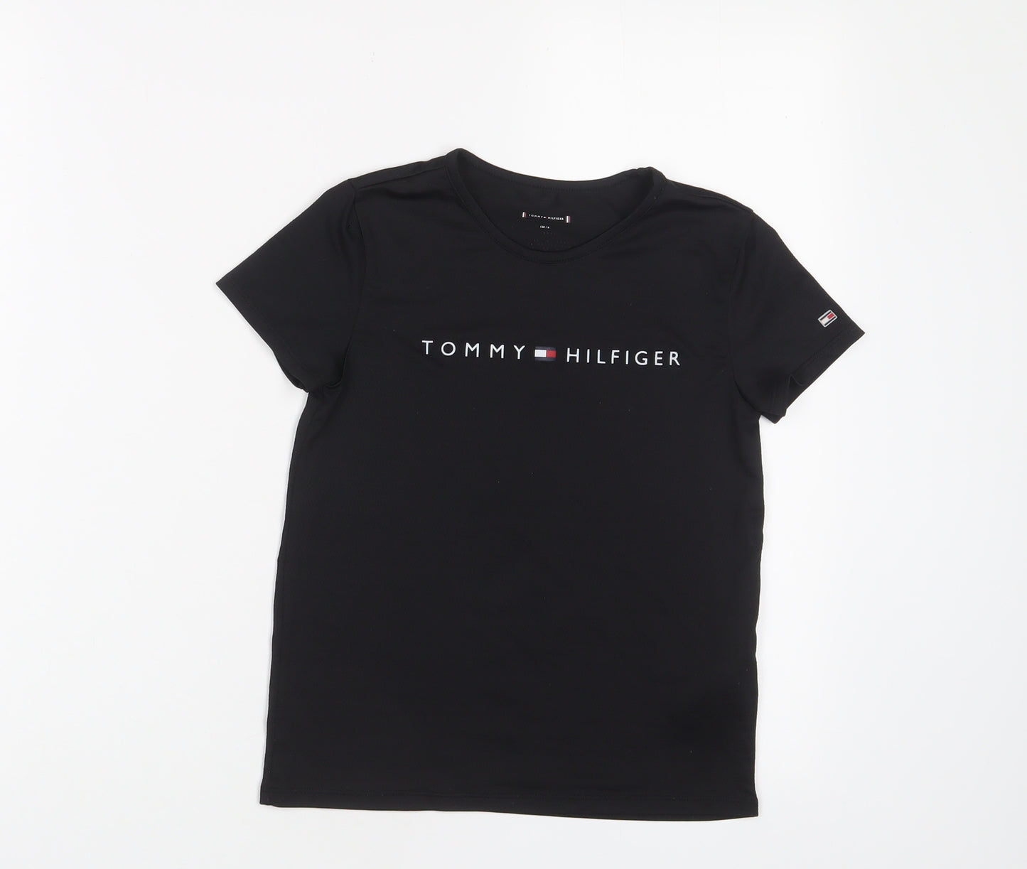 Tommy Hilfiger Boys Black Polyester Basic T-Shirt Size 8 Years Roll Neck Pullover - Logo