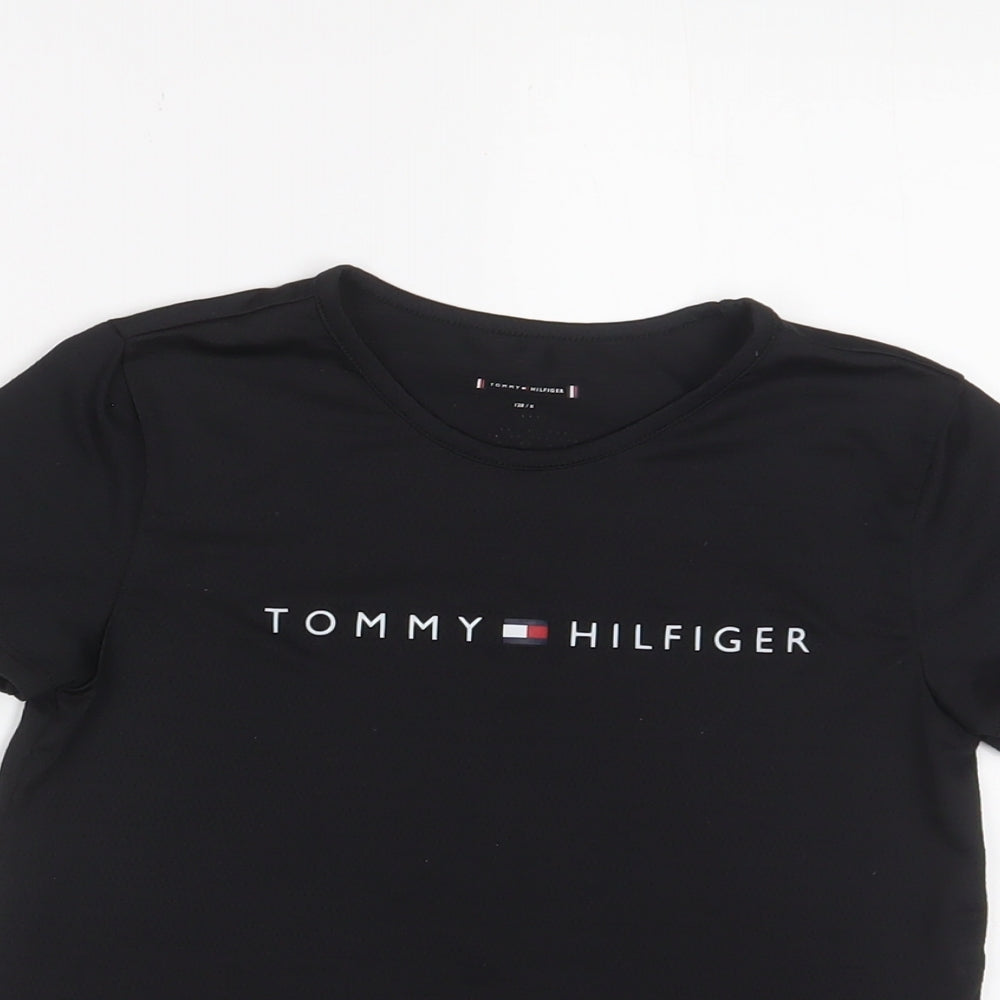 Tommy Hilfiger Boys Black Polyester Basic T-Shirt Size 8 Years Roll Neck Pullover - Logo