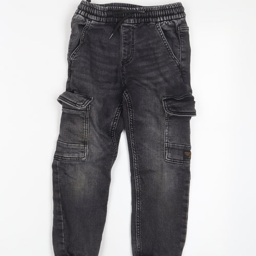 Marks and Spencer Boys Black Cotton Tapered Jeans Size 6-7 Years Regular Drawstring