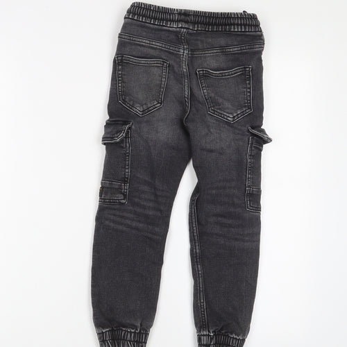 Marks and Spencer Boys Black Cotton Tapered Jeans Size 6-7 Years Regular Drawstring