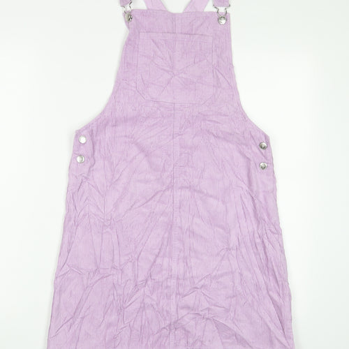 Marks and Spencer Girls Purple Cotton Pinafore/Dungaree Dress Size 13-14 Years Square Neck Button - Pockets