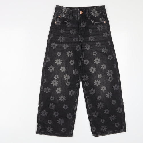 Marks and Spencer Girls Grey Floral Cotton Wide-Leg Jeans Size 7-8 Years L20 in Regular Zip