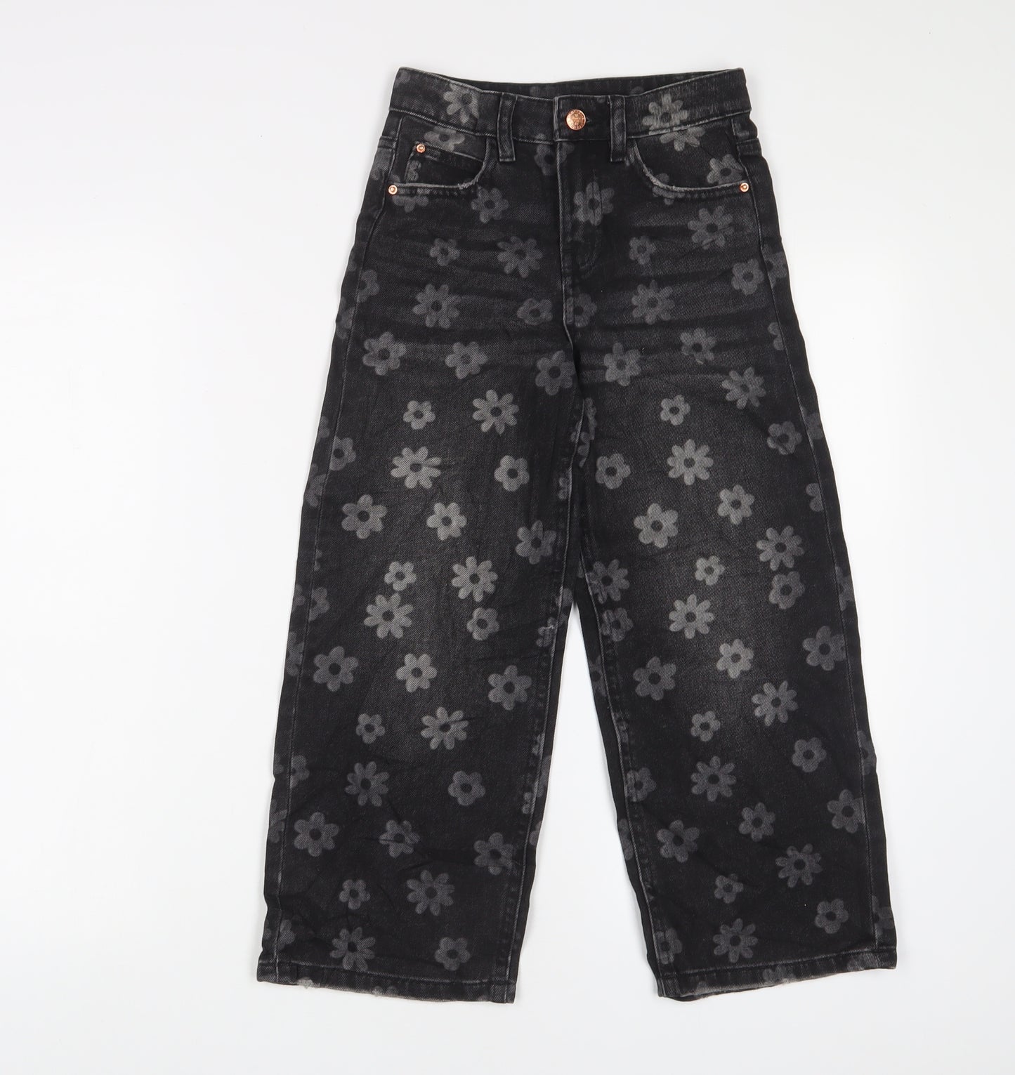 Marks and Spencer Girls Grey Floral Cotton Wide-Leg Jeans Size 7-8 Years L20 in Regular Zip