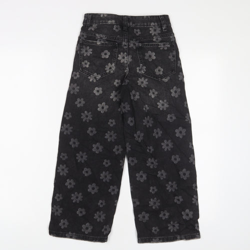 Marks and Spencer Girls Grey Floral Cotton Wide-Leg Jeans Size 7-8 Years L20 in Regular Zip