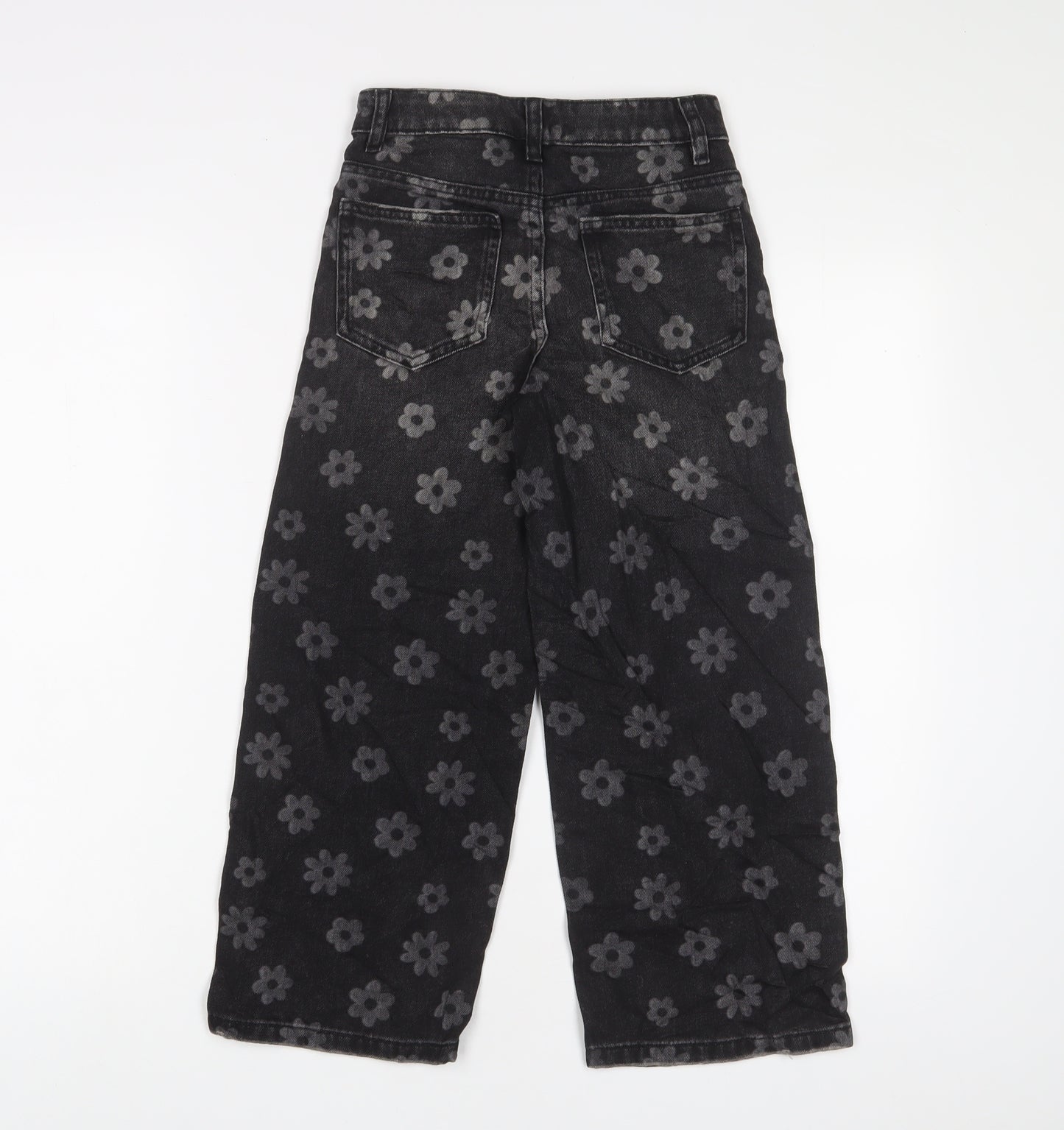 Marks and Spencer Girls Grey Floral Cotton Wide-Leg Jeans Size 7-8 Years L20 in Regular Zip